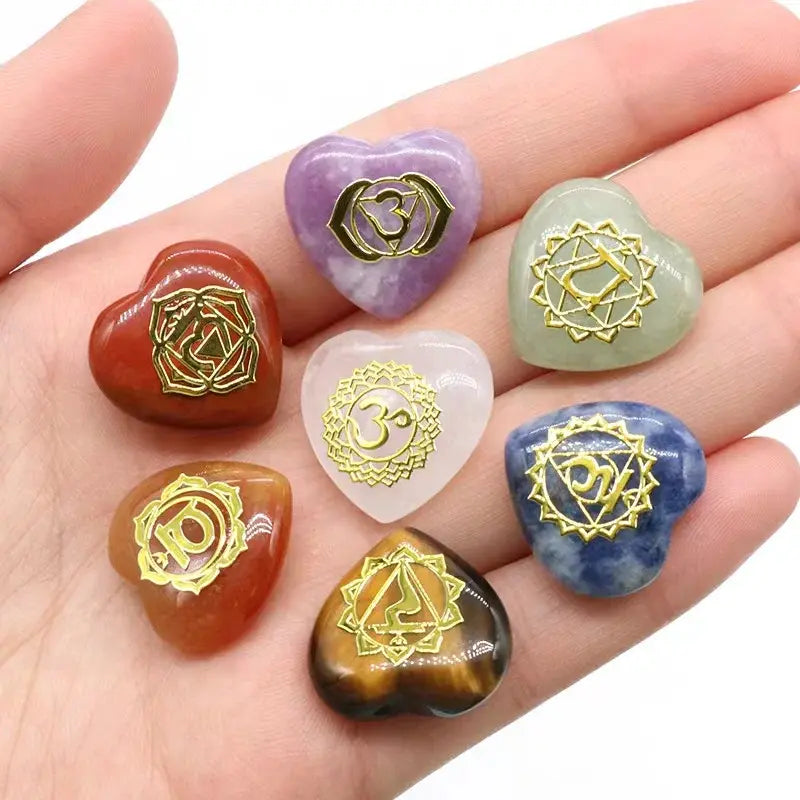 7Pcs Heart Chakra Natural Crystal Stones Quartz Set Engraved Symbols Yoga Stone for Jewelry Making Reiki Healing Meditation